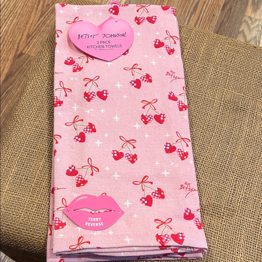Betsey Johnson Pink Cherry Print Kitchen Towels